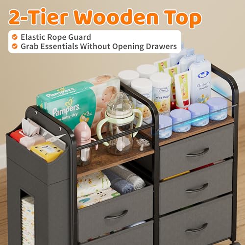Baby Diaper Caddy Organizer Cart - Bedside Cart with Drawers & Side Storage, Nursery Essentials Stuff & Clothes Organization, 3 Tier Rolling Carts with Wheels for Nursery, Bedroom, Easy to Assemble