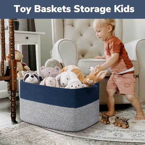 Goodpick Large Blanket Basket 22" x 17" x 12" Woven Storage Baskets for Organizing, Decorative Cotton Rope Basket for Living Room Home Decor, Toy Baskets for Kids, Mixed Blue - color: Blue, size: 22"L x 17"W x 12"H