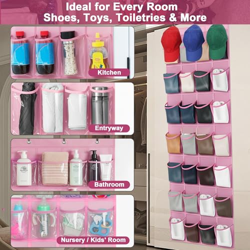 Over-the-Door Kids Shoe Organizer, Pink Shoe Rack for Door, 24 Crystal Clear Pockets, Heavy-Duty Hanging Organizer, 3 Metal Hooks for Toddler Shoes - color: Pink, size: 1pc