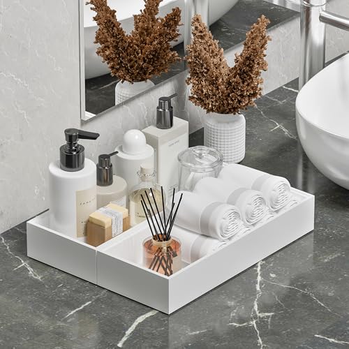 Kitchen Drawer Organizer Bins, Stackable Deep Bamboo Drawer Organizer for Silverware, Utensils, Cutlery, Flatware, Junk, Dresser, Bathroom, 15" x 6" x 2.5" (Set of 2) - color: White, size: 15 x 6 x 2.5 Inch