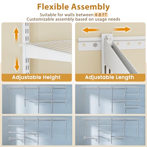 Tangkula 4 to 8 FT Custom Closet System, Wall Mounted Closet with Hanging Rod, Metal Hanging Storage Organizer Rack Wardrobe with Shelves, Adjustable Closet System Kit for Bedroom (White) - color: White, size: 4 to 8 FT