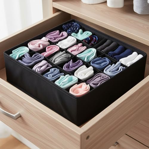 24 Grid Foldable Clothes Organizer Box,Wardrobe Storage Bin with PP Board Support,for Underwear, Socks, and T-Shirts,Black - color: Black, size: 24 Grid
