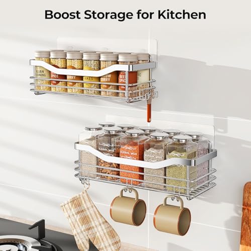 Orimade Shower Caddy Basket Shelf with 5 Hooks Adhesive Organizer Storage Rack Rust Resistant Wall Mounted Stainless Steel No Drilling for Bathroom, Toilet, Kitchen - 2 Pack - color: Silver, size: 4.72"D x 12.6"W x 3.54"H