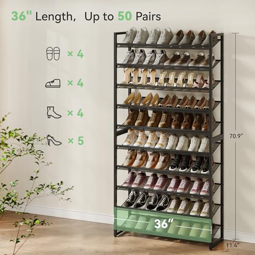 Nunsino Shoe Rack,10 Tier Metal Shoe Organizer,Max Holds 50 Pairs,Heavy Duty Shoes Shelf for Garage, Entryway, Closet,Black - color: Black, size: 10 Tier