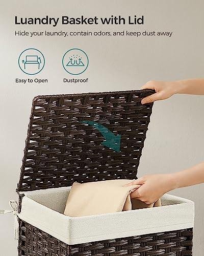 SONGMICS Storage Basket with Lid, Woven Blanket Storage Bin with Handles, Foldable, Removable Liner, Metal Frame, for Bedroom, Laundry Room, 9.2 Gallons (35 L), Brown URST040K01 - color: Brown, size: 35 L