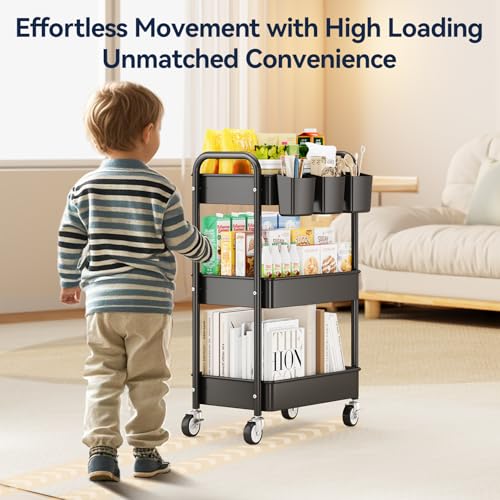 YASONIC 3 Tier Rolling Cart - Metal Utility Cart with Wheels, Hanging Cups, Hooks, Heavy Duty Mesh Rolling Storage Cart Organizer, Craft Cart for Kitchen Office, Lightweight and Sturdy - color: Black