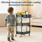 YASONIC 3 Tier Rolling Cart - Metal Utility Cart with Wheels, Hanging Cups, Hooks, Heavy Duty Mesh Rolling Storage Cart Organizer, Craft Cart for Kitchen Office, Lightweight and Sturdy - color: Black