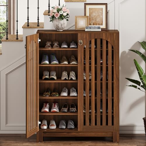 Tribesigns Shoe Storage Cabinet with Louvered Doors, 6-Tier Shoe Storage with Adjustable Shelves, Wood Shoe Rack Organizer for Entryway, Living Room, Walnut - color: Walnut