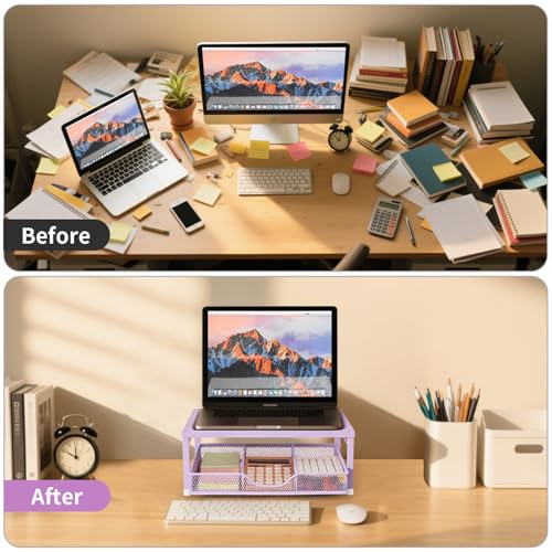 Small Laptop Stand for Desk, Monitor Stand, Office Desk Accessories, Computer Desktop Stand with Drawer for Home, Office, School (Purple) - color: Purple