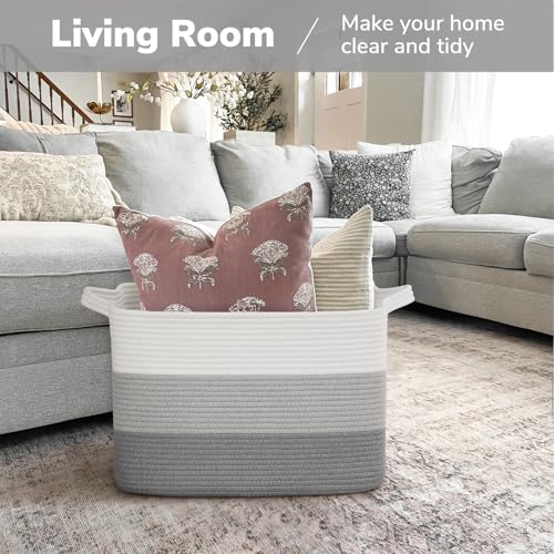 Goodpick Large Woven Basket, Rectangle Rope Storage Baskets for Organizing, Blanket Basket with Handles for Living Room, Nursery, Gradient Gray, 18 x 14 x 12 Inches - color: Gradient Grey, size: 18"L x 14"W x 12"H