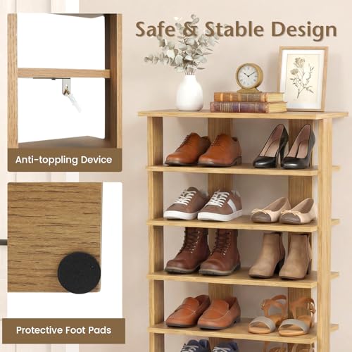 Tangkula 8-Tier Vertical Shoe Rack, Space-Saving Corner Shoe Organizer for 14 Pairs, Narrow Shoe Storage for Entryway, Front Door, or Closet - color: Natural Oak, size: 10" x 18.5" x 43.5"