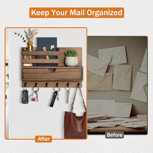 dreampossible Key and Mail Holder for Wall, Mail Organizer Wall Mount with 6 Hooks and Storage Drawer, Wooden Key Rack Hanger with Shelf for Entryway and Home Decor - color: Brown, size: Standard(11.6''x7.9'')