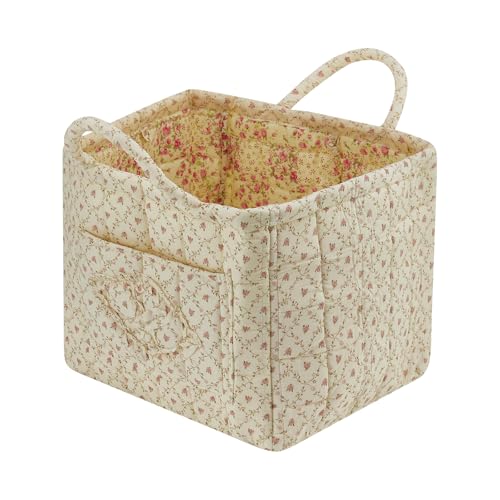 Quilted Fabric Storage Basket with Handles & Pocket, Foldable Laundry Hamper Boho Floral Print Organizer Bin for Home, Picnic, Office 12"x10"x10" (A-2) - color: A-2