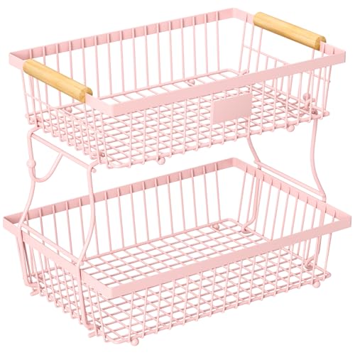 2 Tier Fruit Basket for Kitchen Counter with 2 Banana Hangers, Countertop Metal Fruit Bowl with Wooden Handle, Large Storage Stand for Vegetables, Snacks, Breads, Produce Storage – Pink - color: Pink, size: 2 Tier