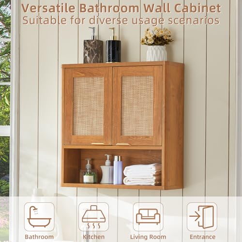 LEYAOYAO Rattan Bathroom Wall Cabinet, Boho Medicine Cabinet with Adjustable Shelf & Doors, Over The Toilet Storage Cabinets Organizer for Laundry Room, Kitchen, Living Room, Tea Brown - color: Teac, size: 7.7"D×23.5"W×24"H