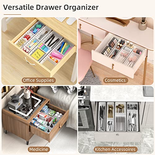 Desk Drawer Organizer Tray 4 PCS Plastic Office Drawer Organizer Bins Junk Organizer Divider with Non-Slip Silicone Pads, Makeup Vanity Organizer for Drawer, White - style: Adjustable