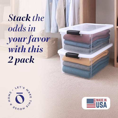 HOMZ 2-Pack Secure Latch, Clear Plastic Storage Organizer Bins, 64 Quart, Gray Latches - Stackable Container Boxes for Bedroom, Bathroom, Garage, and Office Organization - color: Gray, size: 64 QT (2 Pack)