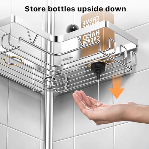 KEGII Shower Caddy Tension Pole with 2 Towel Bars, Adjustable Corner Bathroom Organizer, Rustproof Bathtub Storage Shelves for Shampoo, 25–114.2 Inch Shower Rack for Renters & Family, Silver - style: Shower Caddy with Towel Bar - Brushed Silver