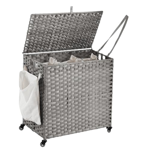 Laundry Hamper with Wheels, 39.6 Gallon(150L) Rolling Laundry Basket with Lid, 3-Section Rattan Clothes Hamper with 3 Removable Liner & 3 Mesh Bags, Laundry Sorter with Side Pocket, Grey - color: Grey, size: 150L（23.62 x 15.75 x 25.6 Inches）