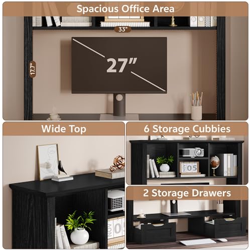 Desk Shelf with Computer Monitor Stand, 37.4''W Desktop Bookshelf Display Rack, Desktop Organizer Storage Rack with Cubbies & Drawers, 5-Tier Hutch for Home, Office, Dorm, Vanity, Black - color: Black, size: 37.4''W with Monitor Stand