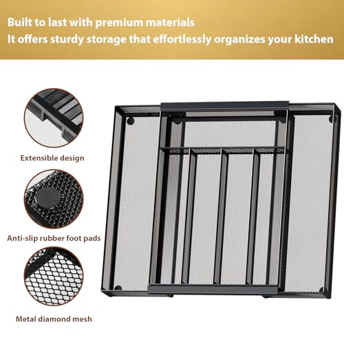 Sedegn Silverware Organizer Metal Mesh, Drawer Organizer, Utensil Cutlery Tray for kitchen drawers,Expandable Flatware Organizer with 7 Compartment Black 9.6"~16.1" x 13.8" - color: Black, size: Expandable 9.6"~16.1" x 13.8"