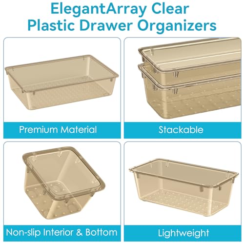 ElegantArray 12 PCS Drawer Organizer Set, 4 Sizes Tool Storage Trays, Clear Plastic Makeup Vanity Organizer and Storage Bins for Stationeries, Multiple Gadgets for Office, Bedroom, Champagne - color: Champagne, size: 12 PCS