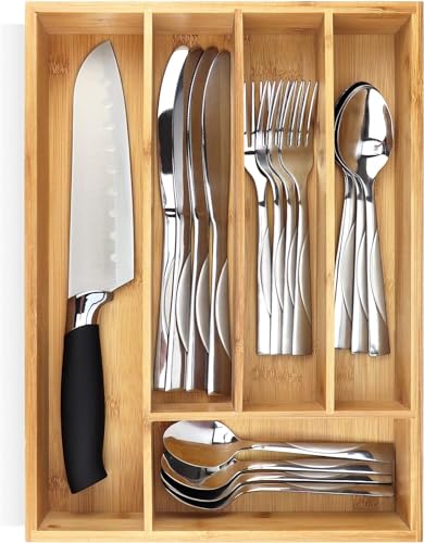 Pristine Bamboo Silverware Organizer - Small Extra-Deep Wooden Kitchen Drawer Organizer Divider for Spoons, Forks, Knives & Cutleries - 5 Slots - color: Brown, size: 5 Slot