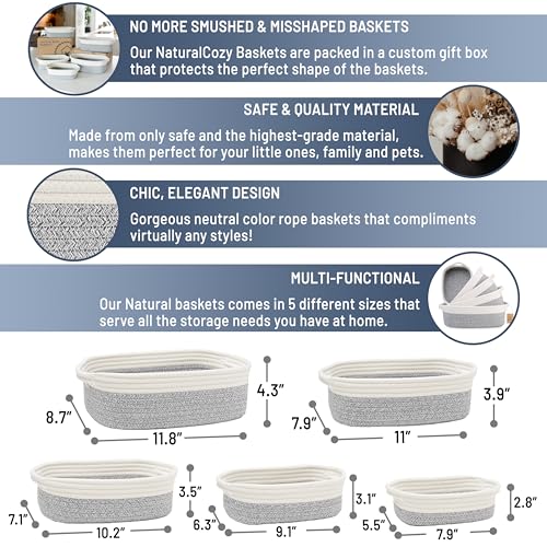 NaturalCozy 5-Piece Rectangle Storage Basket Set- Natural Cotton Rope Woven Baskets for Organizing! Small Basket for Montessori, Baby Nursery, Dog Toy Baskets, Cat Toy Box, Bathroom Organization Bin - color: Off White & Mixed Gray