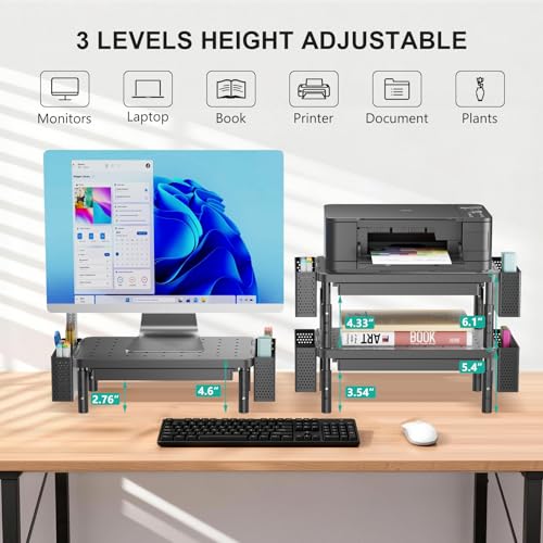 WALI Computer Monitor Stand with Storage, Desk Organizer with Drawer and Pen Holder, Desk Monitor Riser 3 Height Adjustable, Laptop Riser for Computer, Laptop, Printer(PTT003-B), 1 Pack, Black - color: Matte Black, size: with Drawer and Pen Holder