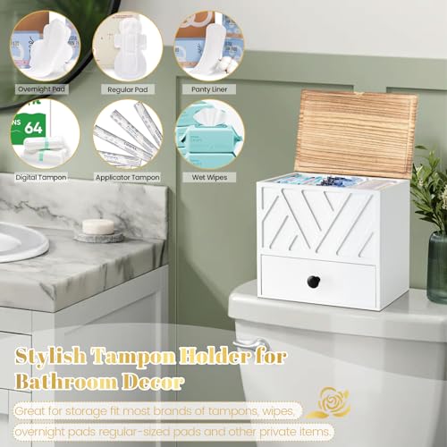 Tampon Holder for Bathroom Decor, Feminine Product Organizer with Lid and Drawer, Shark Week Tampon Storage, Wood Pad and Tampon Organizer for Toilet Organizer, Bathroom Accessories Box for Girl Stuff - color: White
