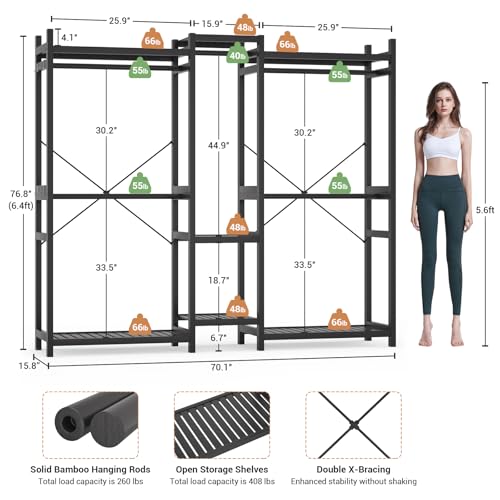 Homykic Bamboo Closet System Clothes Rack, Large Freestanding Garment Rack Clothing Rack for Hanging Clothes with 7 Storage Shelves and 5 Rods, Open Wardrobe Organizer with 4 Hooks, Black - color: Black, size: III Large