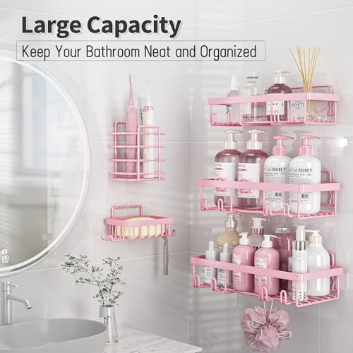 Liuoud 5 Pack Shower Caddy Organizer Rack Shelf for Inside Shower, Adhesive Bathroom Wall Storage Basket Rustproof Stainless Steel Shampoo Holder, Girly Bathroom Accessory Decor Set, Pink - color: Pink
