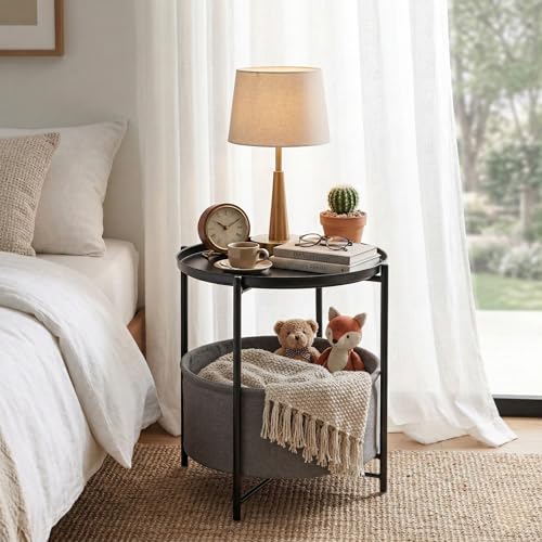 danpinera Round Side Table with Fabric Storage Basket, Metal Small Bedside Nightstand Removable Tray Top for Living Room, Bedroom, Nursery, Laundry, Ink Black - color: Ink Black