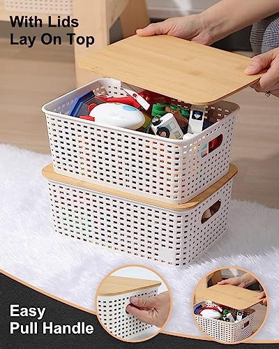 EOENVIVS Storage Bins with Lids 6 Pack, Plastic Storage Basket with Bamboo Lids for Pantry Organization and Storage Containers for Shelves Drawers Desktop Closet Playroom Classroom Office Home, Black - color: Light White