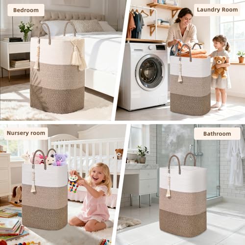 Woven Laundry Basket for Clothes,65 L Large Rectangle Laundry Hampers with Beads Tassel, Nursery Storage Basket for Toys, Tall Dirty Clothes Hamper for Bedroom Aesthetic, Laundry Room Organization - color: Gradient Brown, size: 65L