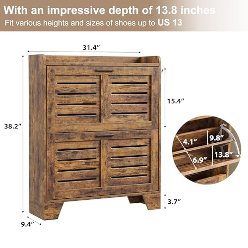 Garvee Shoe Storage Cabinet with 2 Flip Drawers, Freestanding Shoe Organizer Storage for Entryway with 2 Side Hooks, Farmhouse Hidden Slim Narrow Shoe Rack Cabinet, Rustic Brown - color: Rustic Brown, size: 2-Drawers