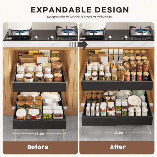 Seinloes 4 Pack Pull Out Cabinet Organizers 21" Deep With Raising Pad for Framed Cabinets, Expandable Width (15.2"-26.3") Slide Out Drawers Upgrade 3 Slide Rails, Roll Out Shelves Adhesive, Black - color: Black, size: 15.2"-26.3"Wide x 21"Deep(4 Pack)