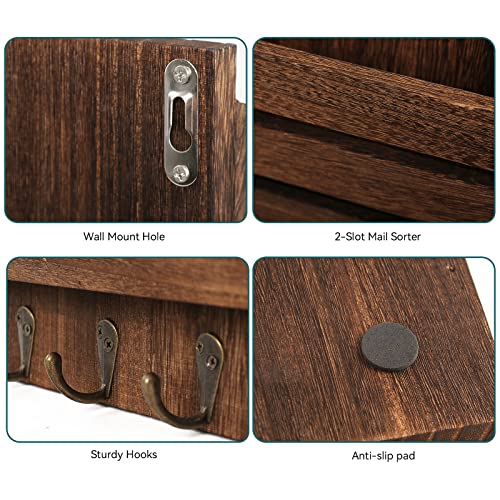 Mail Organizer Wall Mount with 4 Key Hooks, Rustic Wooden Hanging Mail Sorter Farmhouse Key Holder for Wall Decoration, 2-Slot Wall File and Magazines Bill Letter Holder (Brown) - color: Brown