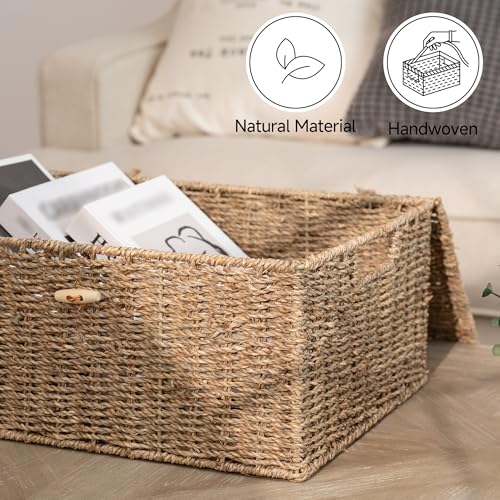 StorageWorks Extra Large Wicker Baskets with Lid for Organizing, Seagrass Storage Baskets for Shelves, Decorative Box with Built-in Handles, Natural, 1 Pack - color: Natural(Seagrass), size: 16½"L × 13"W × 7½"H