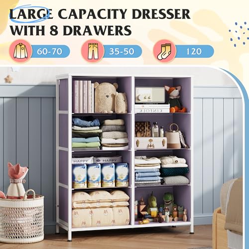 WLIVE Fabric Dresser for Bedroom, Tall Dresser with 8 Drawers, Storage Tower with Fabric Bins, Double Dresser, Chest of Drawers for Closet, Playroom, Dormitory, Purple - color: Purple, style: General