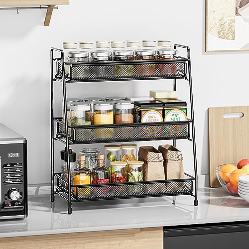 EKNITEY Bathroom Countertop Organizer Rack - 3 Tier Counter Spice Rack Metal Makeup Rack Small Perfume Vanity Organizer for Sink/Bedroom/Living room/Kitchen/Office - color: Black