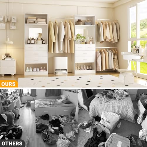Unikito Closet Systems, 6-14FT Walk in Closet Organizer with 8 Drawers and Mirror, 168" Large Wood Closets Insert with Tower, Sturdy Wardrobe Closets Garment Rack with Extendable Hanging Rods, White