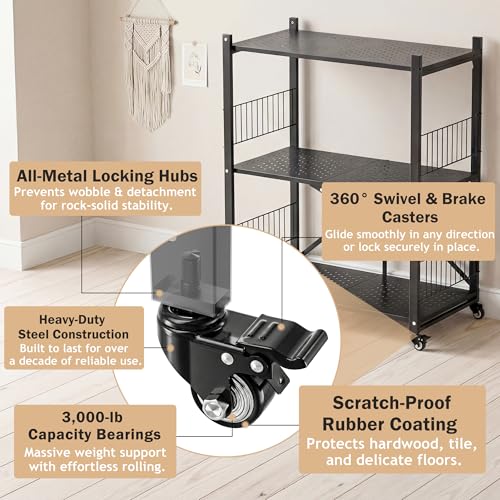 Folding Storage Shelves, 3-Tier Metal Foldable Shelf Shelving Rack Organizer On Rolling Wheels in Kitchen Warehouse Patio Pantry Basement Portable Collapsible Shelves No Assembly (Black, 3-Layer) - color: Black/3-tier
