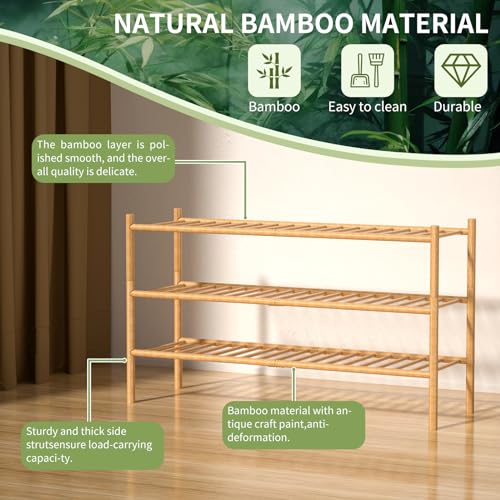 ROMGUAR CRAFT 3-Tier Bamboo Long Shoe Rack, Free Standing Wood Shoe Shelf Storage Organizer for Closet Entryway Stackable 35"x11"x20" (Natural) - color: Natural, size: 3-Tier(Long)