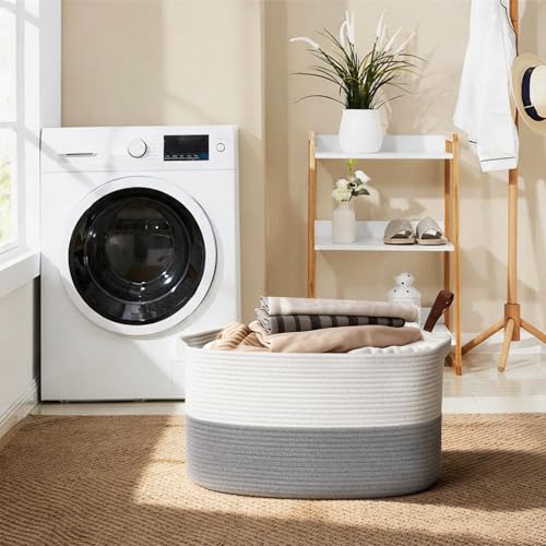 MEGASKET Extra Large Laundry Basket, Rectangle Woven Cotton Rope Storage Basket with Handles, Wicker Laundry Hamper, Farmhouse Storage Bin for Blankets Clothes Toys, Grey, 22" x 17" x 12" - color: White & Gray, size: 22"x17"x12"