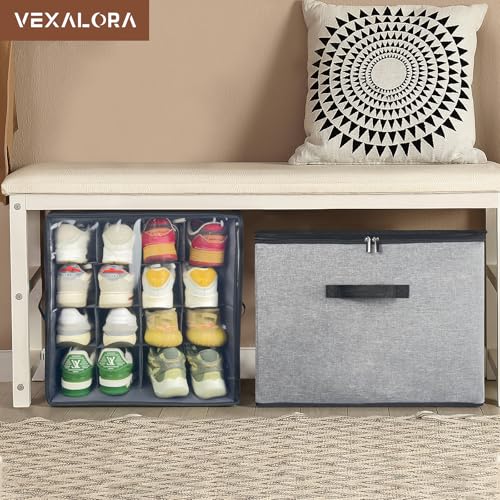 Shoe Organizer Box 2 Pack, Shoe Storage Organizer with Clear Cover, Adjustable Dividers Fits 16-32 Pairs, Fabric Shoe Organizer for Closet, Grey - color: 2 Pack -Grey