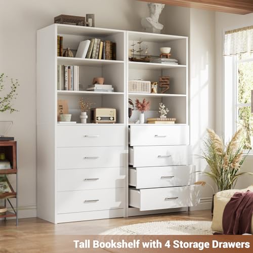 Aheaplus Closet Drawers Organizer System, 21.3" Wood Closet System with 4 Drawers, Modular Walk-in Closets Storage Unit, Tall Bookshelf Storage Cabinet, White22 - color: White