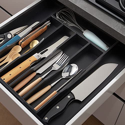 2-Piece Expandable Bamboo Kitchen Drawer Organizer for Cutlery and Utensils, Adjustable Bamboo Wood Cutlery Tray in Drawer for Flatware and Silverware in Kitchen, (Black) - color: Black, size: 7 Slots Expandable-2Pack