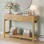 47 Inch Fluted Console Table with Outlets and USB-C Port, Mid Century Modern Sofa Table with 3 Drawers and Open Shelf, Entryway Table with Charging Station for Behind Couch, Hallway, Foyer, Oak - color: Natural Oak