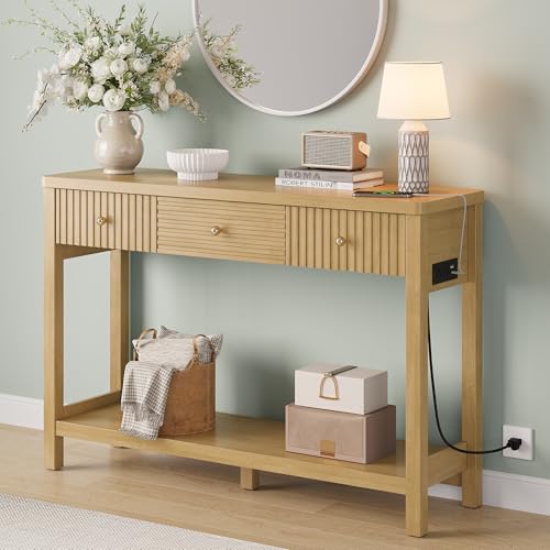 47 Inch Fluted Console Table with Outlets and USB-C Port, Mid Century Modern Sofa Table with 3 Drawers and Open Shelf, Entryway Table with Charging Station for Behind Couch, Hallway, Foyer, Oak - color: Natural Oak